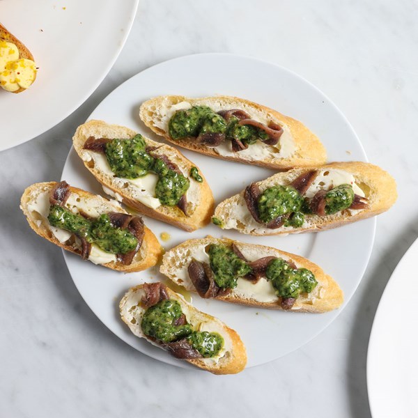 Salted anchovies, salsa verde, bread, butter
