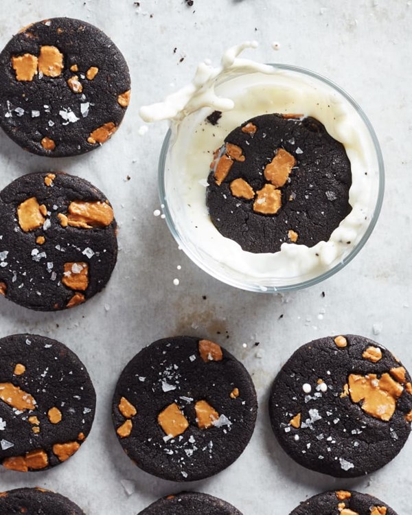 Salted black cocoa sables with caramelized white chocolate