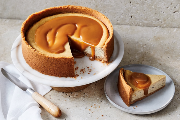Salted caramel chèvre and wattleseed baked cheesecake