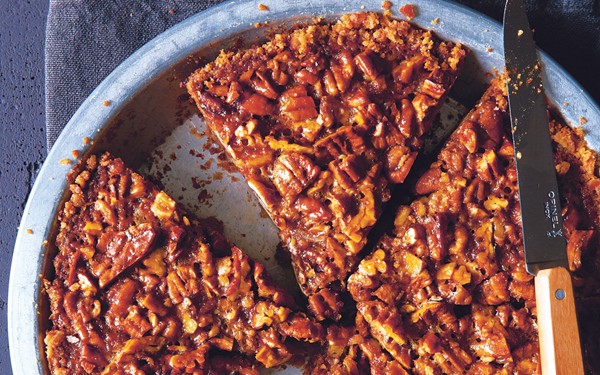 Salted caramel pecan pie with pretzel crust