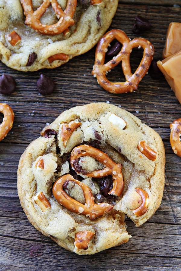 Salted caramel pretzel chocolate chip cookies