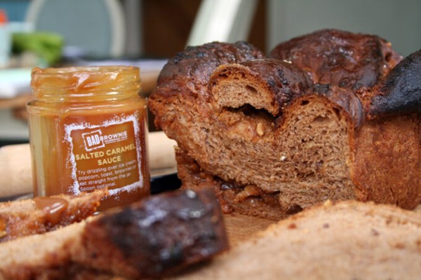 Salted caramel sauce and almond turron chocolate babka