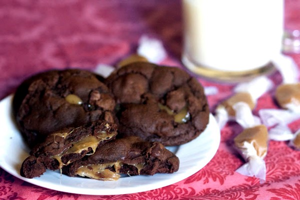Salted caramel-stuffed double chocolate cookies