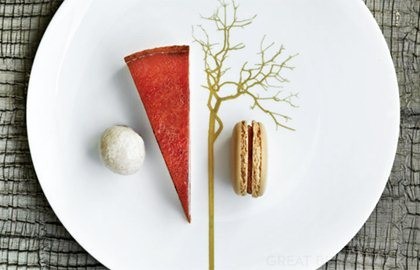 Salted caramel tart with praline macaroons, praline cream and ginger and vanilla ice cream