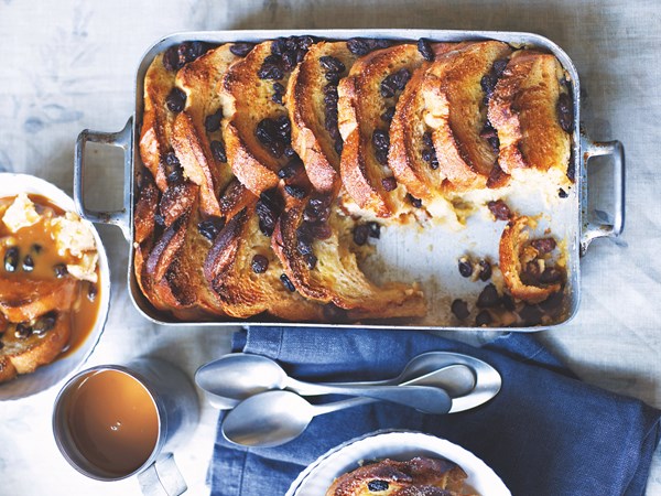 Salted caramel whiskey bread and butter pudding with raisins