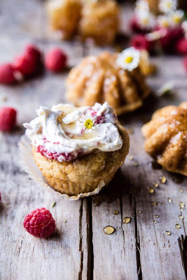 Salted chamomile honey cakes with raspberry ripple cream