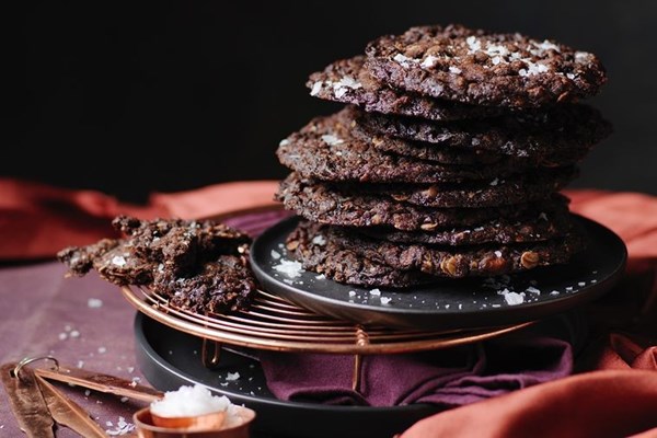 Salted choc, oat & pretzel cookies