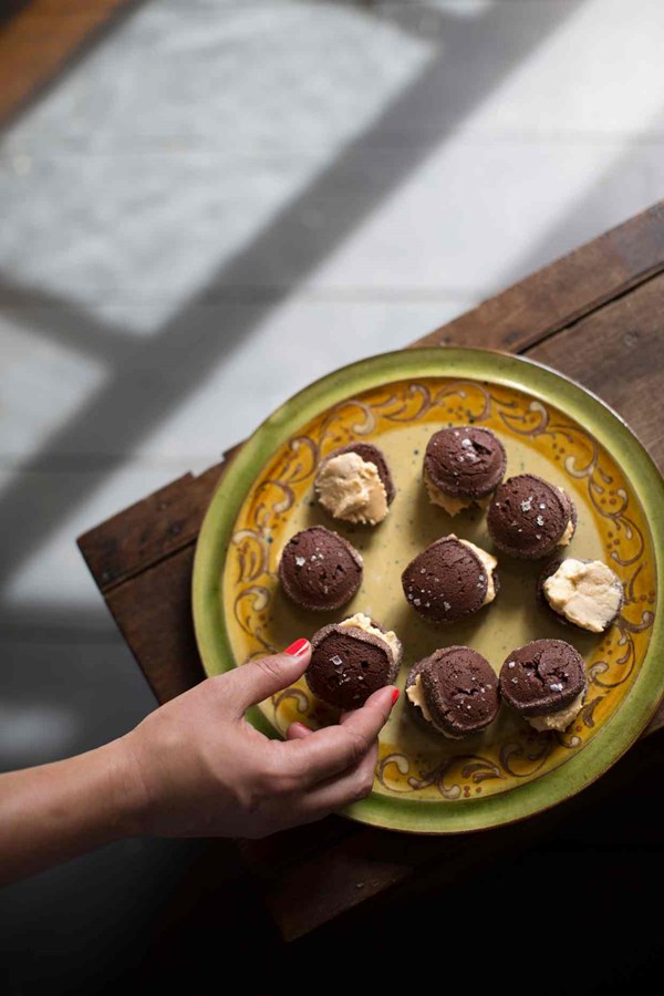 Salted chocolate and caramel sandwich cookies