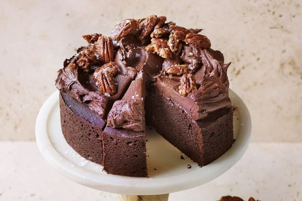 Salted chocolate and pecan mud cake