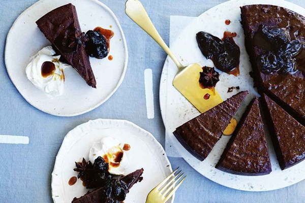 Salted chocolate cake with sherry-spiced prunes