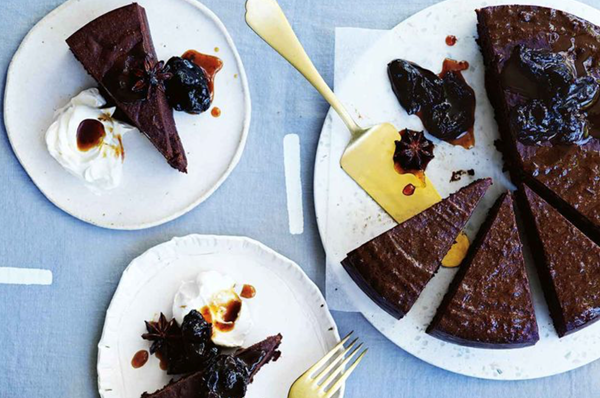 Salted chocolate cake with sherry-spiced prunes
