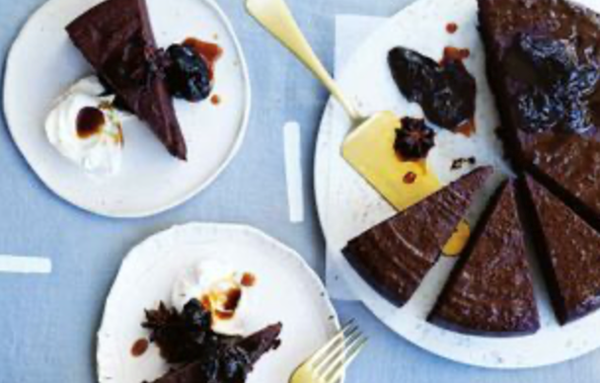 Salted chocolate cake with sherry-spiced prunes