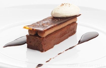 Salted chocolate delice with coffee mousse and rum crème fraîche