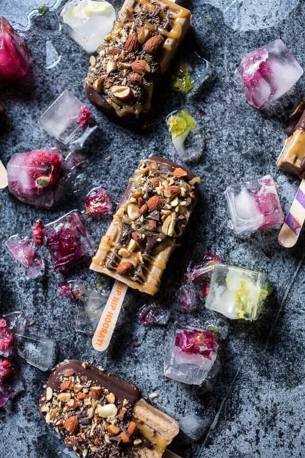 Salted chocolate dipped banana almond pops with malted coconut honey