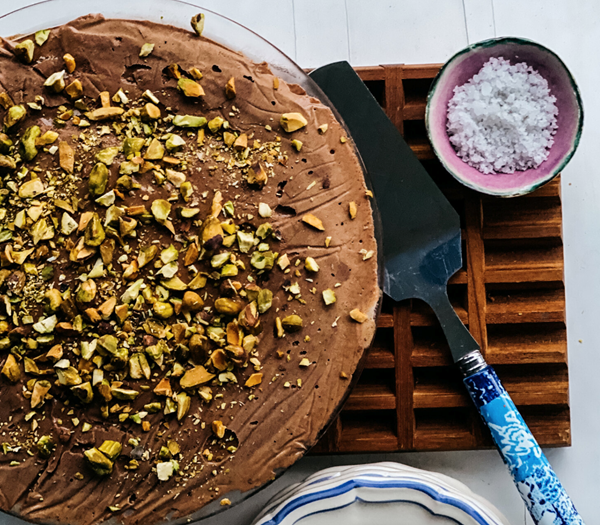 Salted chocolate ice cream pie with chocolate chip cookie crust