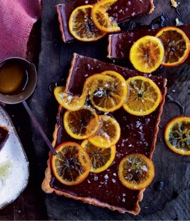 Salted chocolate tart with candied mandarin