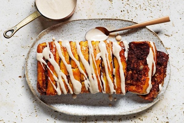Salted cinnamon brioche loaf with cream cheese icing