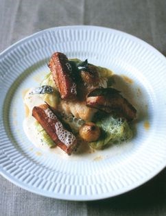 Salted cod with winter cabbage, bacon and beer sauce