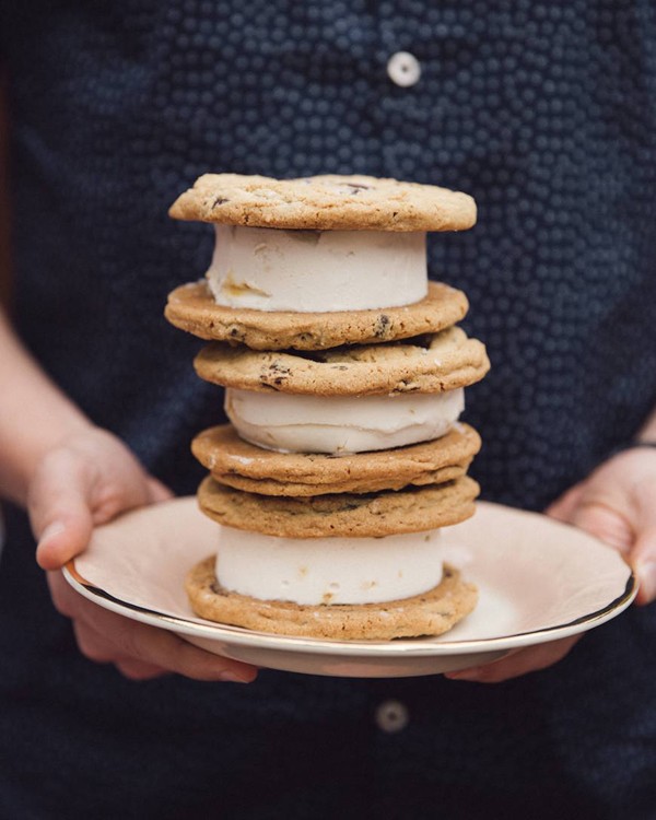 Salted dark chocolate chip cookie ice cream sandwiches
