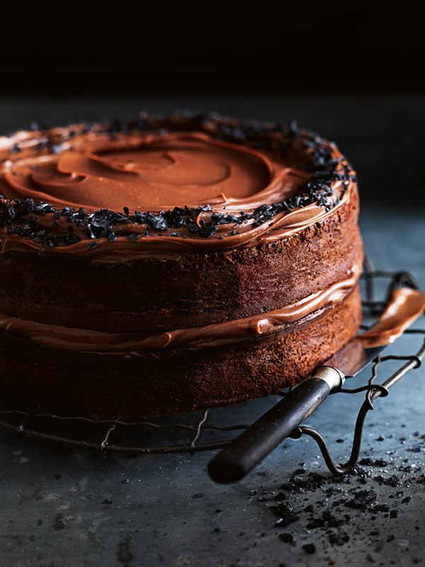 Salted dark chocolate layer cake with milk chocolate ganache