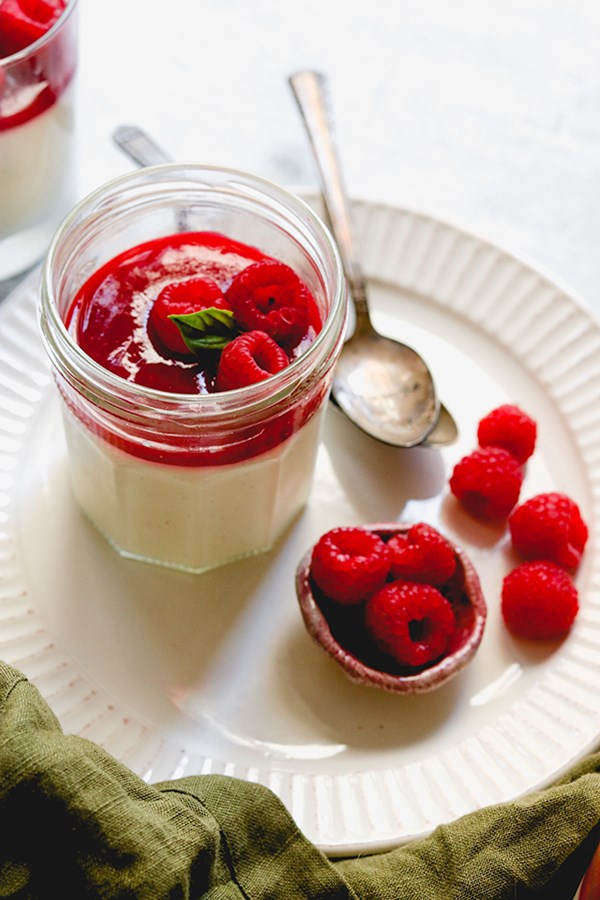 Salted honey buttermilk panna cotta with raspberry coulis