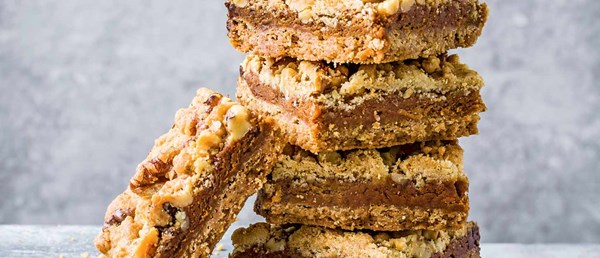 Salted honey caramel and walnut slice