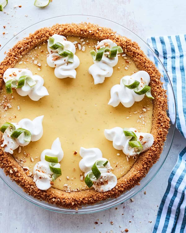 Salted Key lime pie with an easy pretzel crust