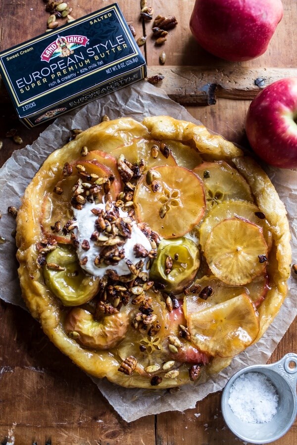 Salted maple apple tarte Tatin with cinnamon pumpkin seeds