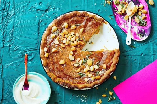 Salted maple custard pie with macadamia