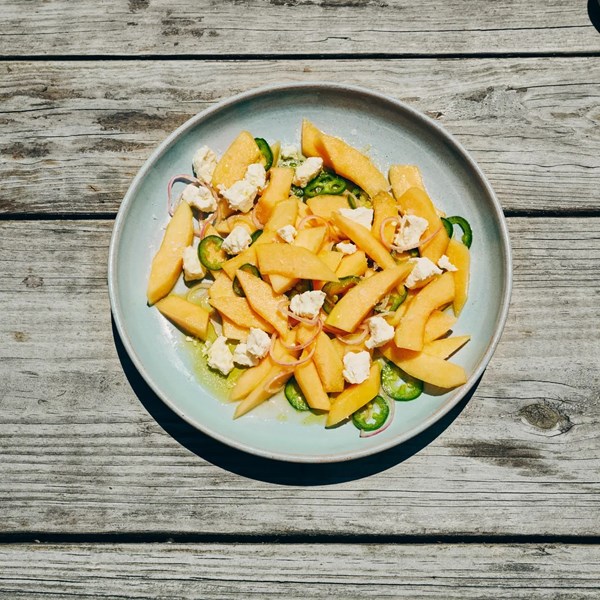 Salted melon salad with jalapeños and feta 