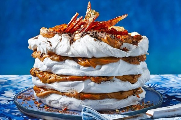 Salted peanut & chocolate meringue stack