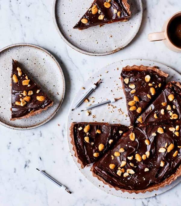 Salted peanut butter caramel and chocolate tart