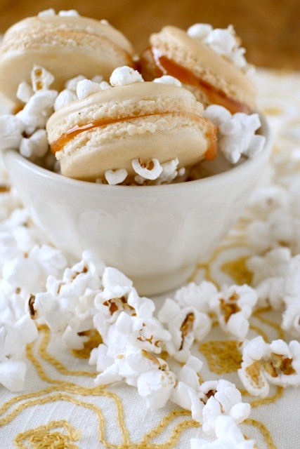 Salted popcorn caramel macarons