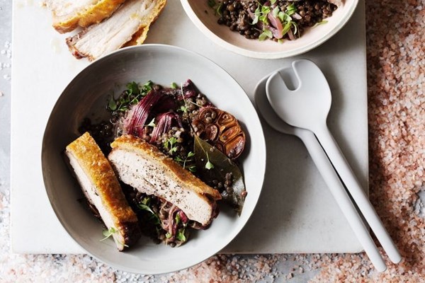 Salted pork belly with rhubarb lentils