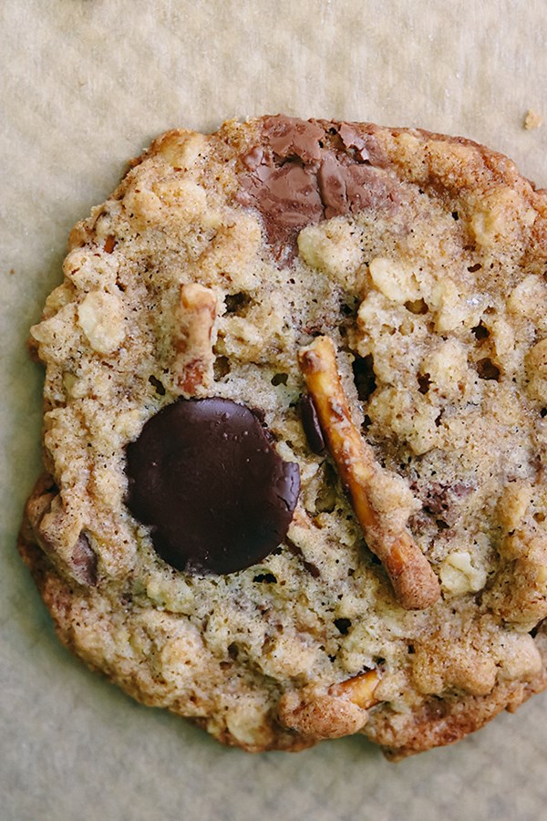 Salted pretzel and chocolate chunk oatmeal cookies