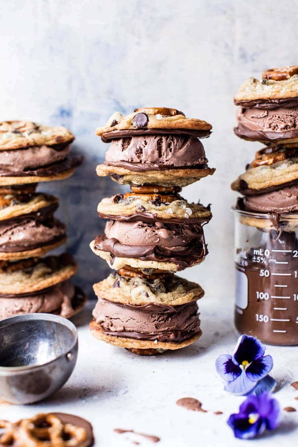Salted pretzel Nutella cookie ice cream sandwiches