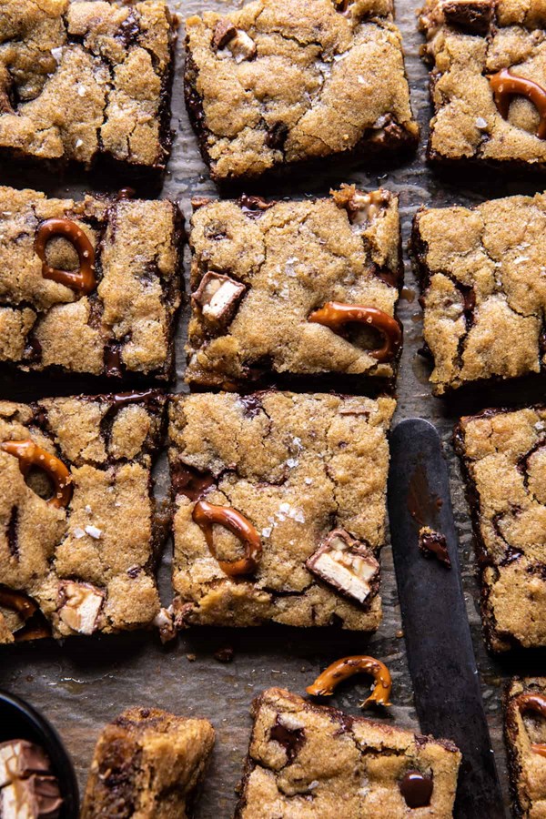 Salted pretzel Snickers chocolate chip cookie bars