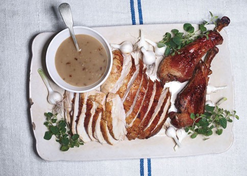 Salted roast turkey with chipotle glaze and caramelized-onion gravy