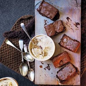 Salted Rolo brownies with banana-pecan ice cream