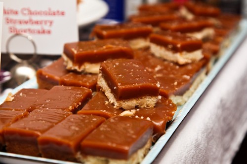 Salted rum caramel bars with macadamia shortbread