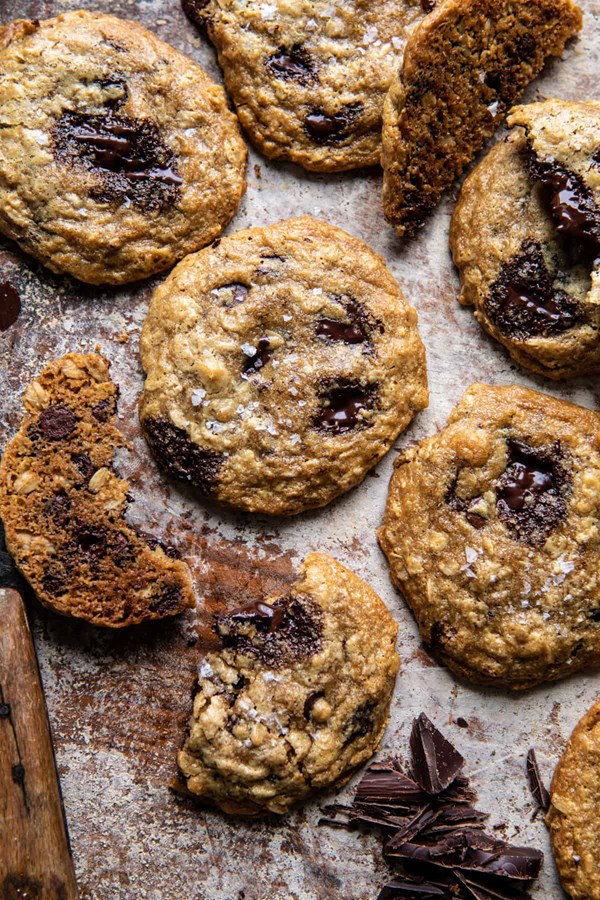 Salted tahini oatmeal chocolate chip cookies
