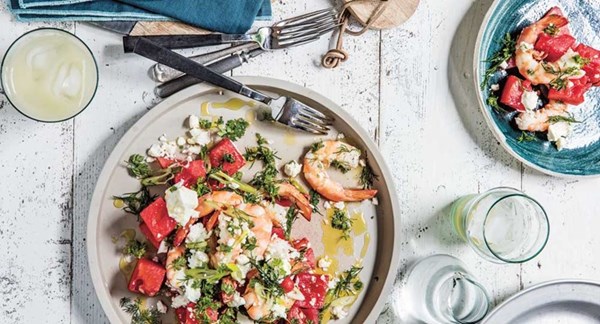 Salted watermelon, prawn and feta salad