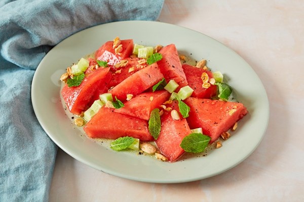 Salted watermelon salad with mint, almond, cucumber and chilli