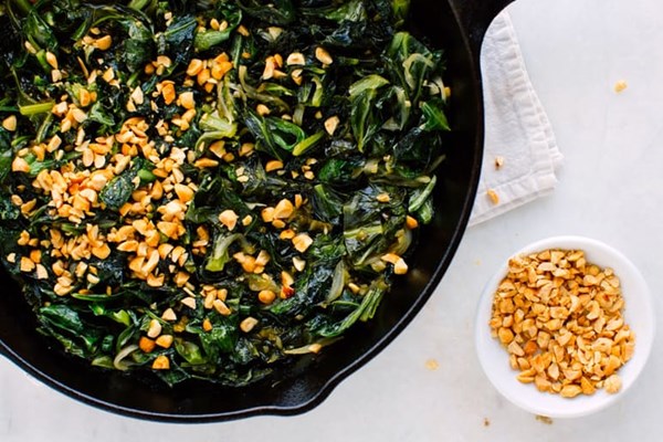 Salty-sweet vegetarian collard greens with cornbread