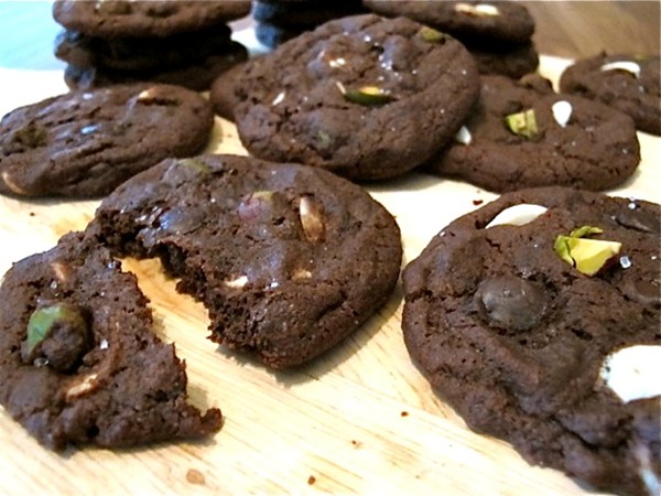 Salty triple chocolate pistachio cookies