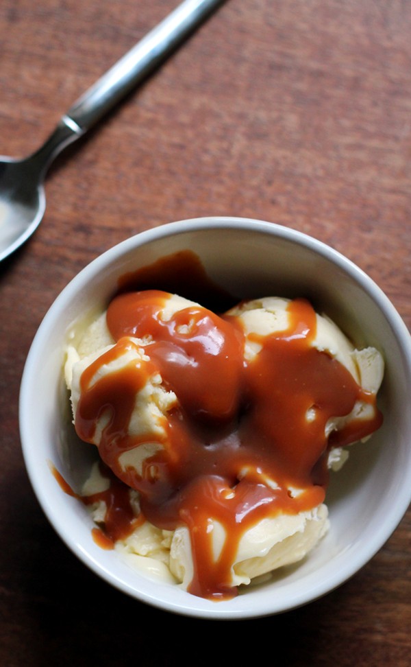 Salty vanilla frozen custard with salted whiskey caramel sauce
