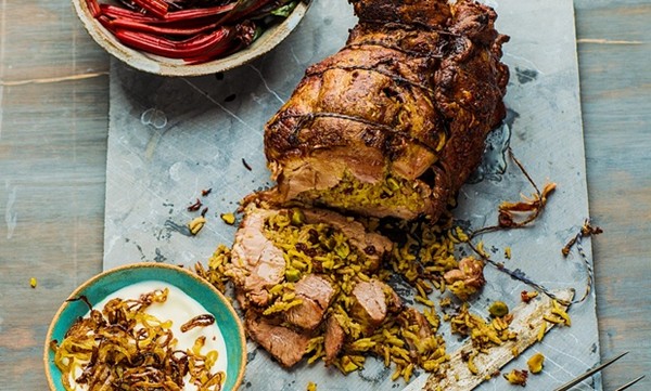 Sam and Sam Clark’s roast shoulder of lamb stuffed with saffron rice