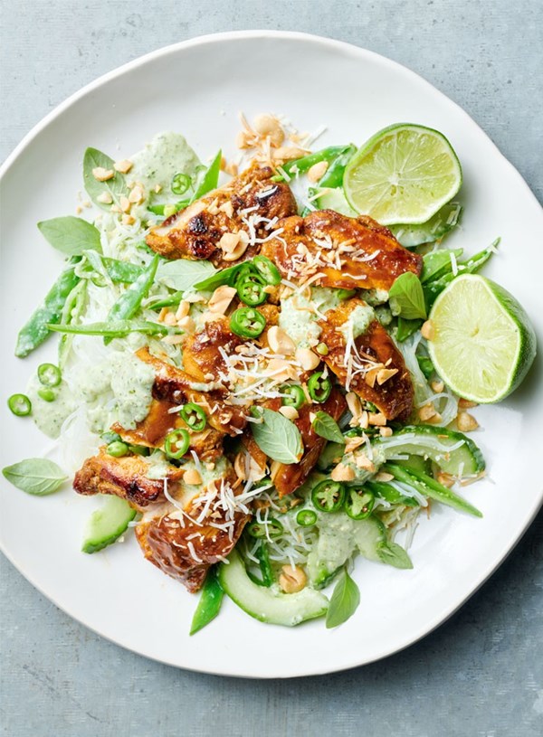 Sambal chicken, cucumber and coconut salad