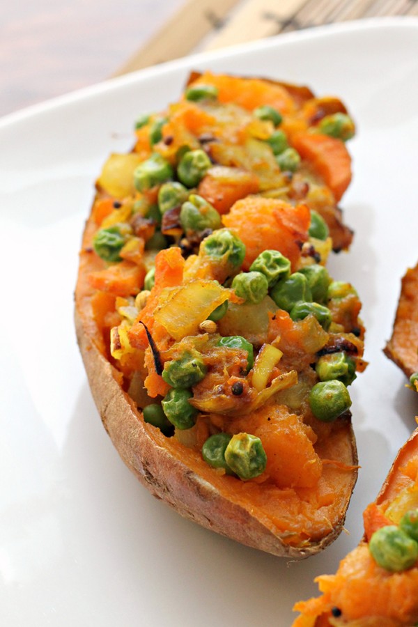 Samosa-stuffed sweet potatoes