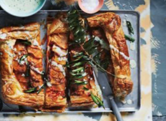 Samosa tart with lime pickle buttermilk dressing